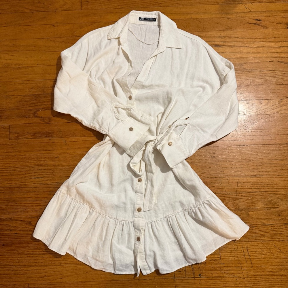 Zara Cream Linen Ruffle Hem Dress